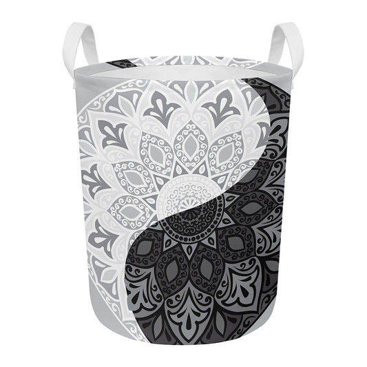 Black And White Yin Yang Mandala Print Round Laundry Basket