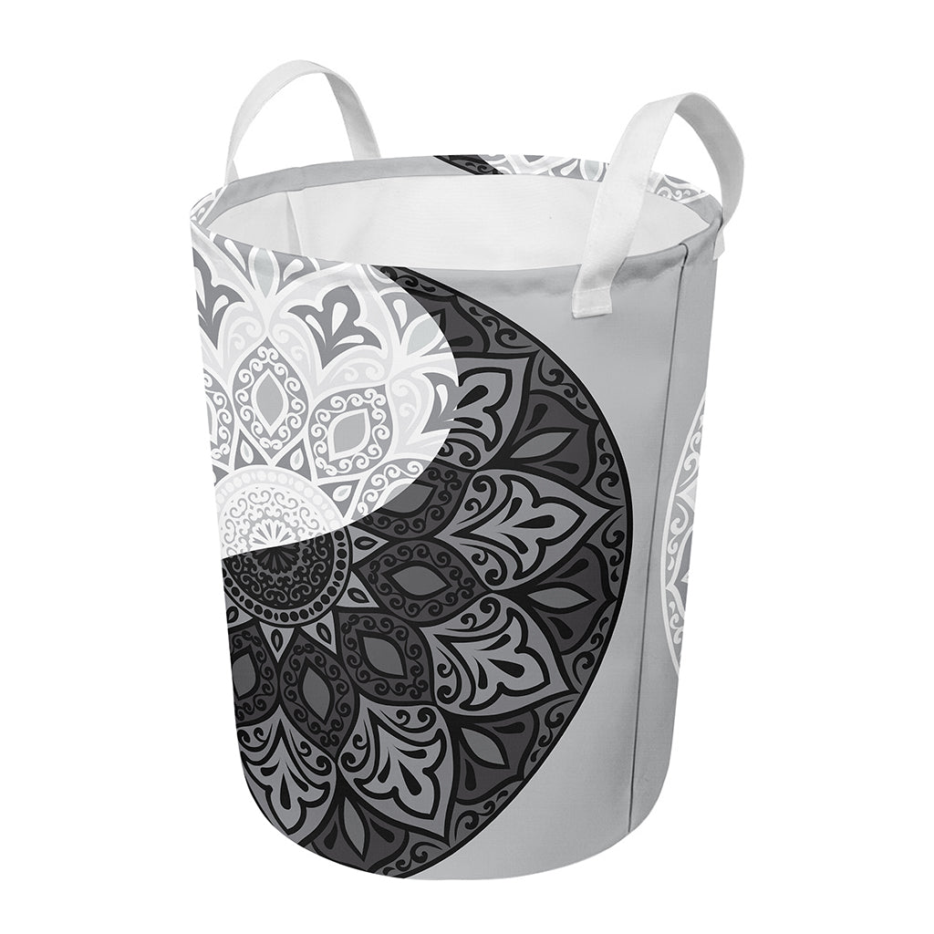 Black And White Yin Yang Mandala Print Round Laundry Basket