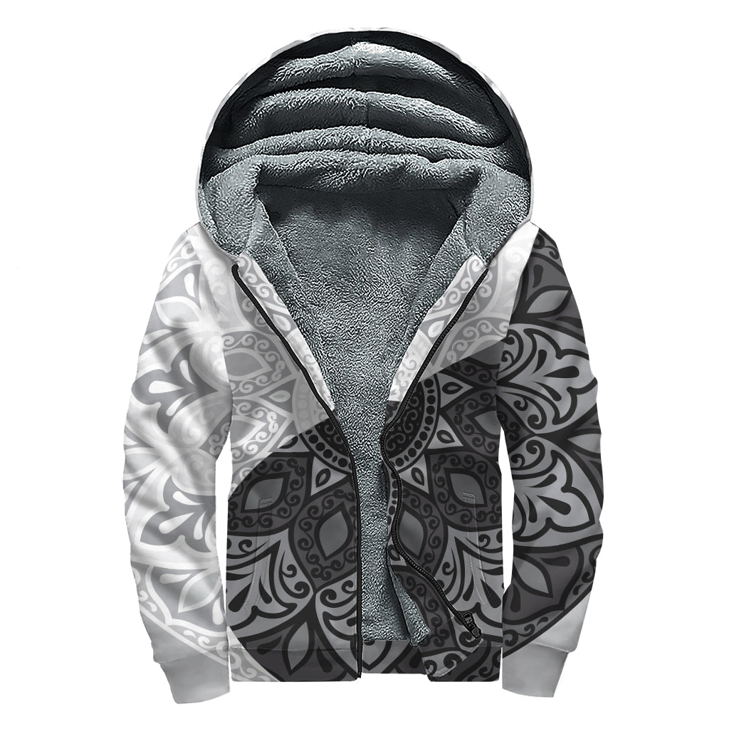 Black And White Yin Yang Mandala Print Sherpa Lined Zip Up Hoodie