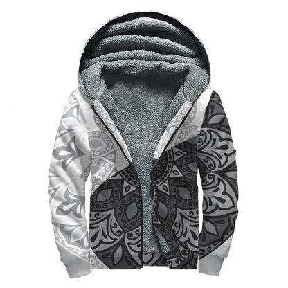 Black And White Yin Yang Mandala Print Sherpa Lined Zip Up Hoodie