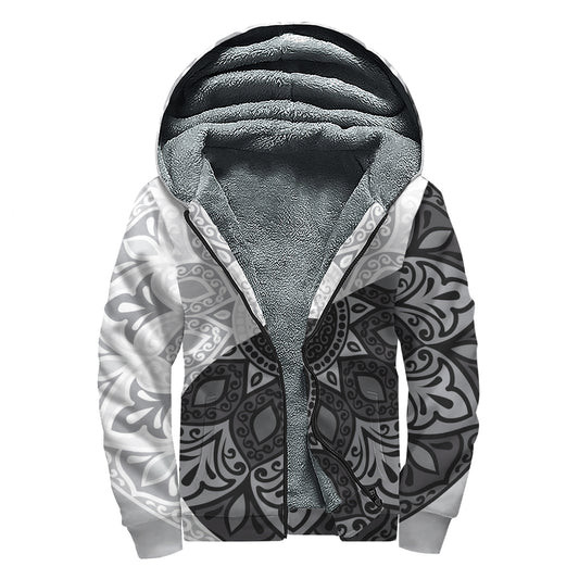 Black And White Yin Yang Mandala Print Sherpa Lined Zip Up Hoodie