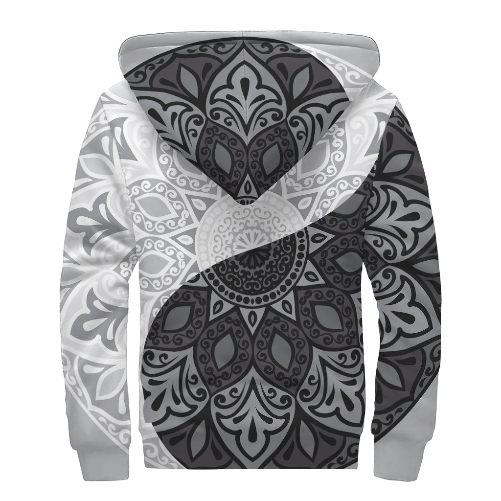 Black And White Yin Yang Mandala Print Sherpa Lined Zip Up Hoodie