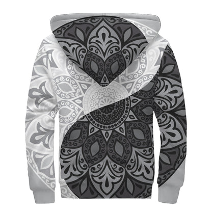 Black And White Yin Yang Mandala Print Sherpa Lined Zip Up Hoodie