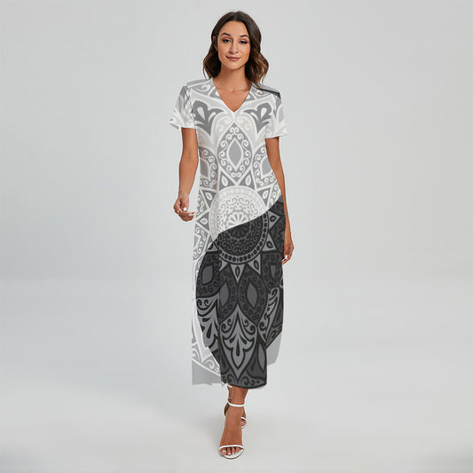 Black And White Yin Yang Mandala Print Short Sleeve Maxi Dress