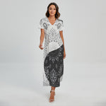 Black And White Yin Yang Mandala Print Short Sleeve Maxi Dress