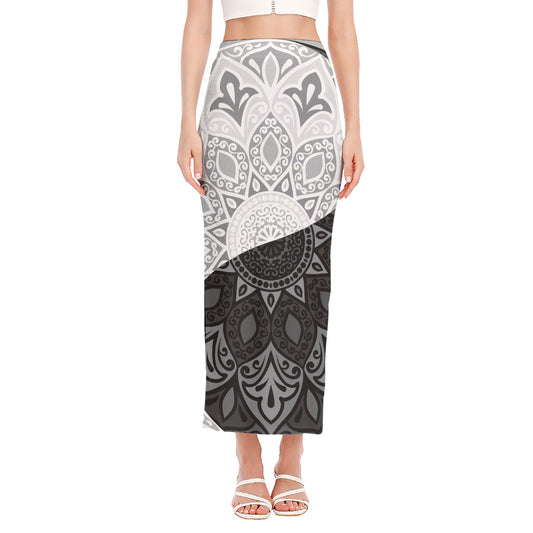 Black And White Yin Yang Mandala Print Side Slit Maxi Skirt
