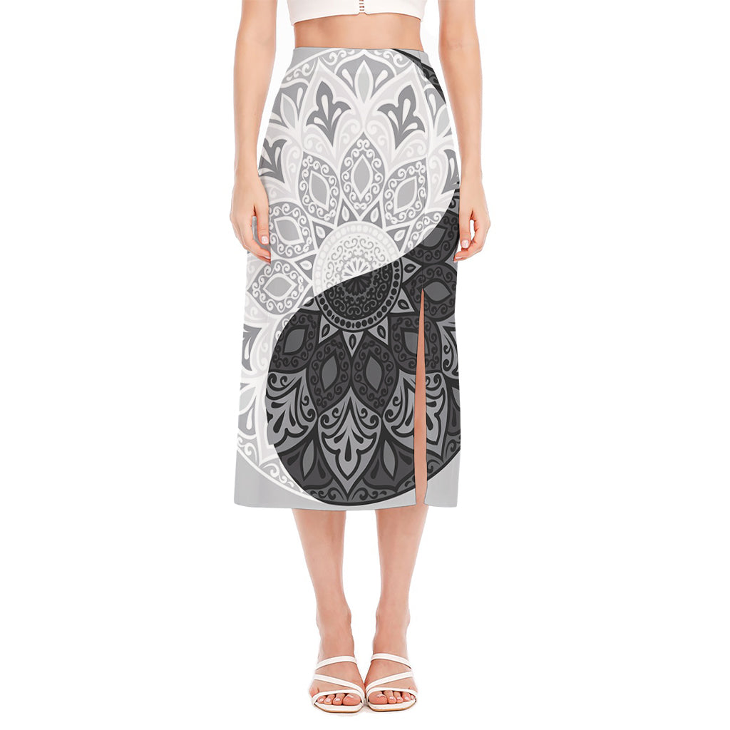 Black And White Yin Yang Mandala Print Side Slit Midi Skirt