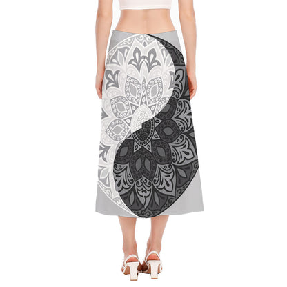 Black And White Yin Yang Mandala Print Side Slit Midi Skirt