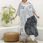 Black And White Yin Yang Mandala Print Silk V-Neck Kaftan Dress