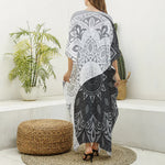 Black And White Yin Yang Mandala Print Silk V-Neck Kaftan Dress