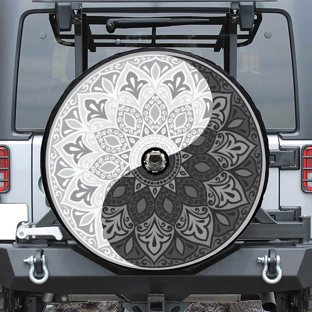 Black And White Yin Yang Mandala Print Tire Cover With Camera Hole