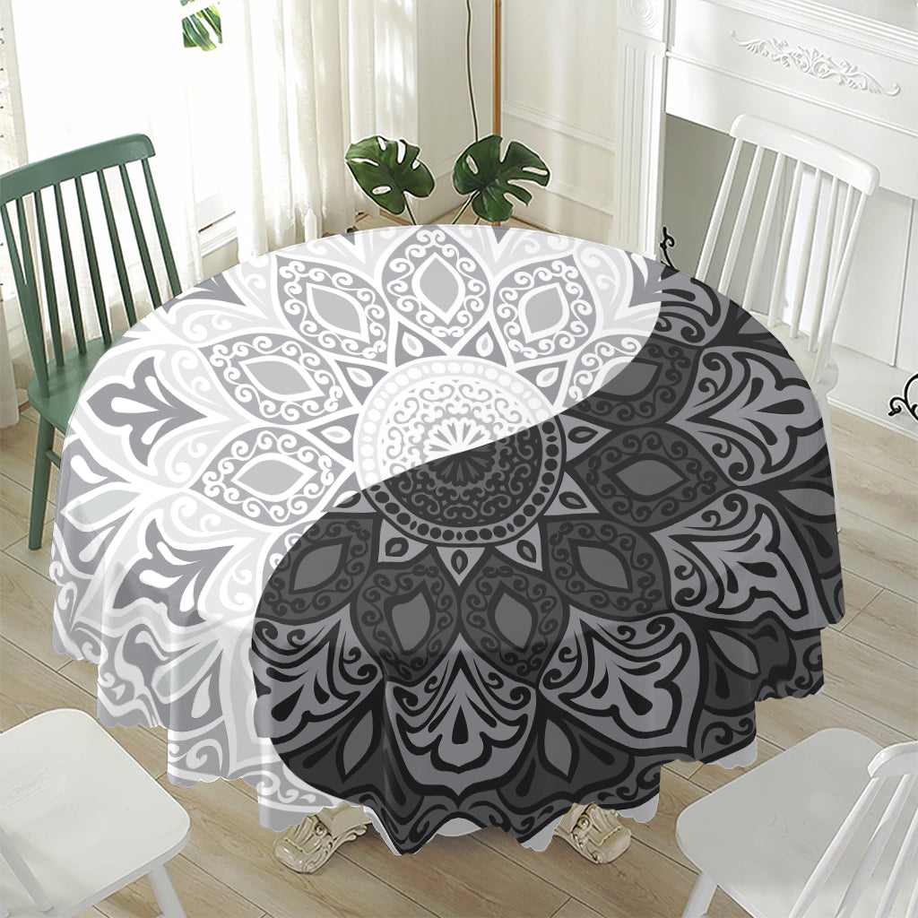 Black And White Yin Yang Mandala Print Waterproof Round Tablecloth