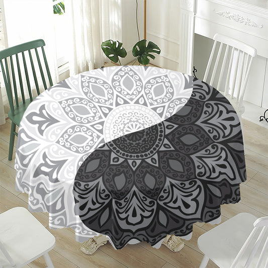 Black And White Yin Yang Mandala Print Waterproof Round Tablecloth