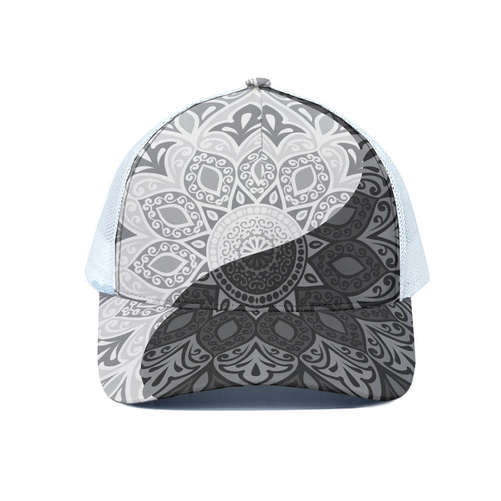 Black And White Yin Yang Mandala Print White Mesh Trucker Cap