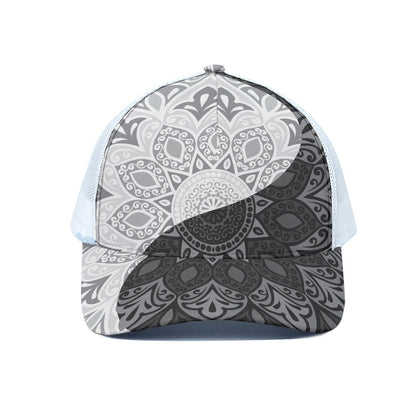 Black And White Yin Yang Mandala Print White Mesh Trucker Cap
