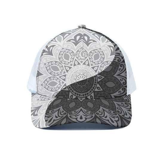 Black And White Yin Yang Mandala Print White Mesh Trucker Cap