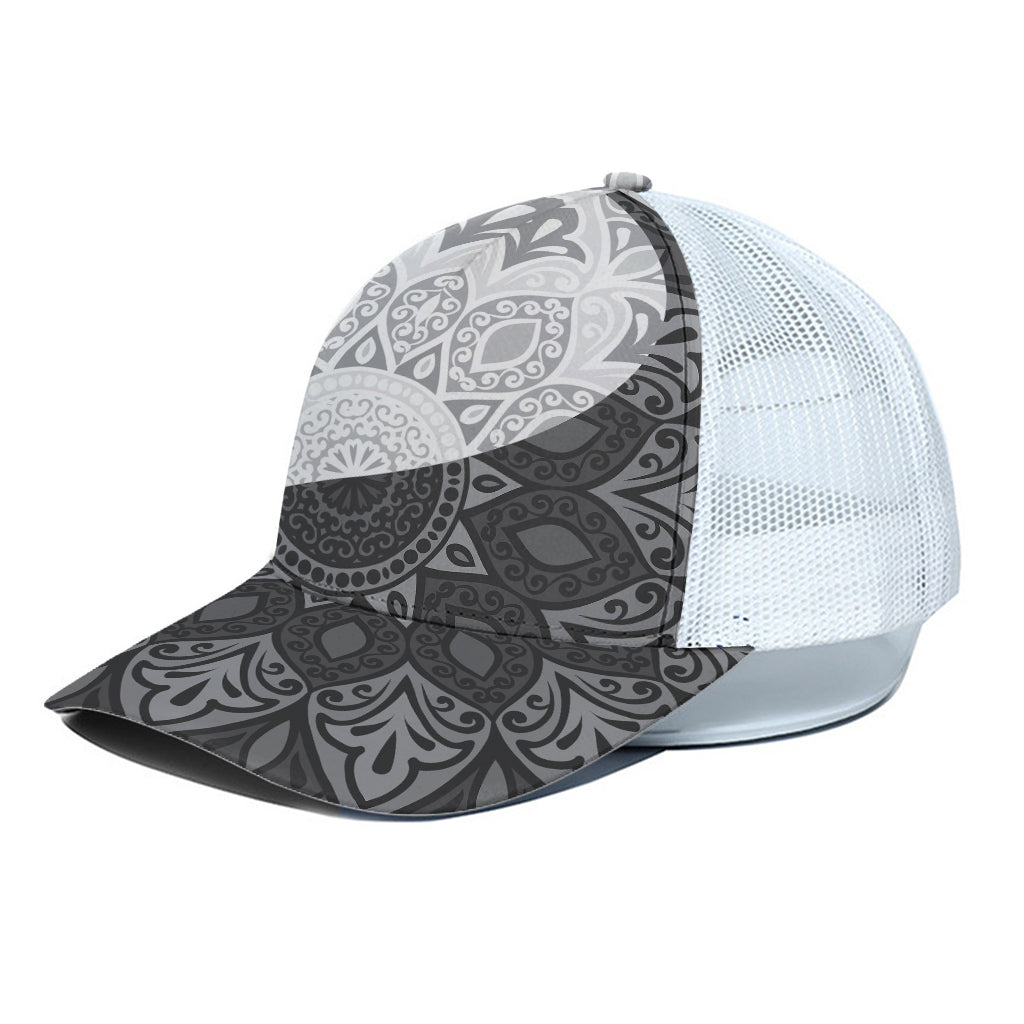 Black And White Yin Yang Mandala Print White Mesh Trucker Cap
