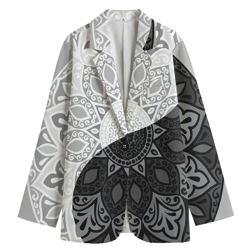 Black And White Yin Yang Mandala Print Women's Cotton Blazer