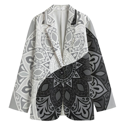 Black And White Yin Yang Mandala Print Women's Cotton Blazer