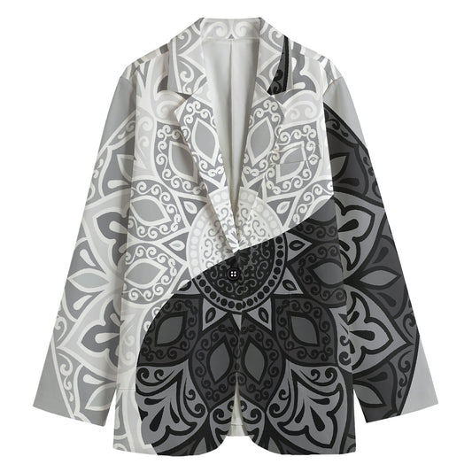 Black And White Yin Yang Mandala Print Women's Cotton Blazer