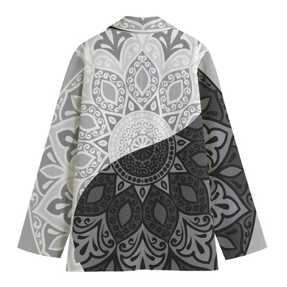 Black And White Yin Yang Mandala Print Women's Cotton Blazer