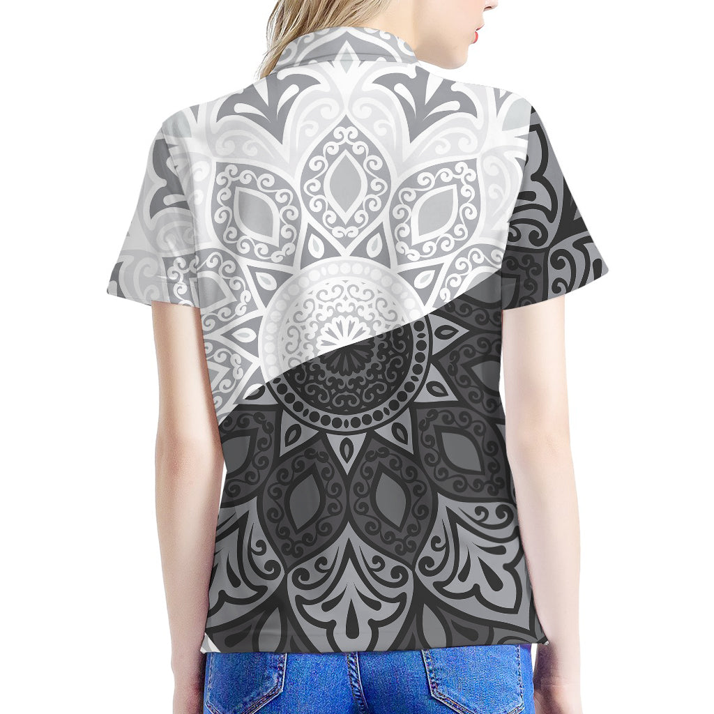 Black And White Yin Yang Mandala Print Women's Polo Shirt
