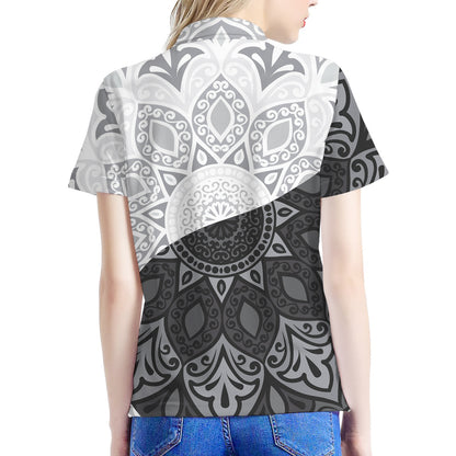 Black And White Yin Yang Mandala Print Women's Polo Shirt