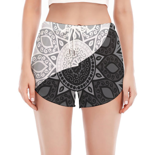 Black And White Yin Yang Mandala Print Women's Split Running Shorts