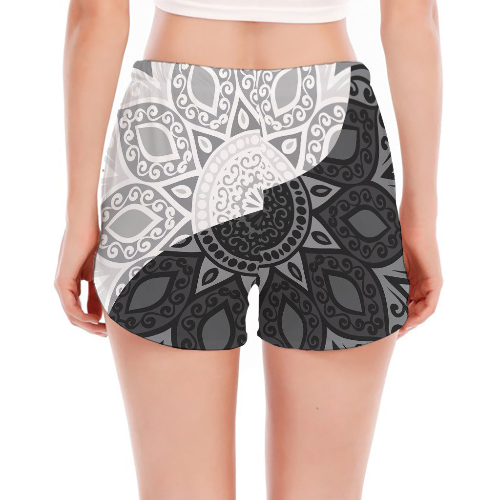Black And White Yin Yang Mandala Print Women's Split Running Shorts