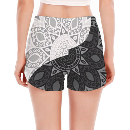 Black And White Yin Yang Mandala Print Women's Split Running Shorts