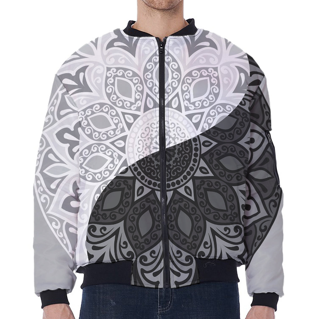 Black And White Yin Yang Mandala Print Zip Sleeve Bomber Jacket