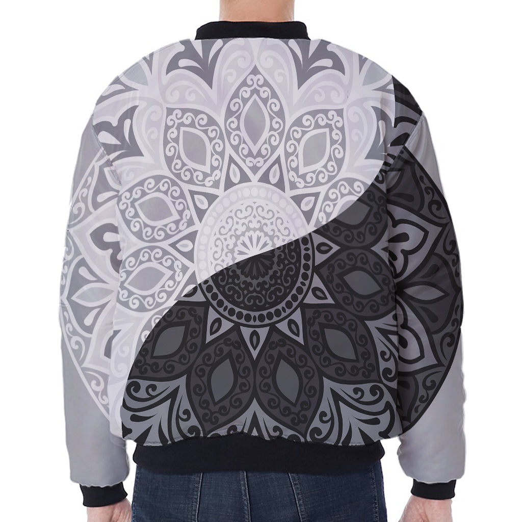 Black And White Yin Yang Mandala Print Zip Sleeve Bomber Jacket