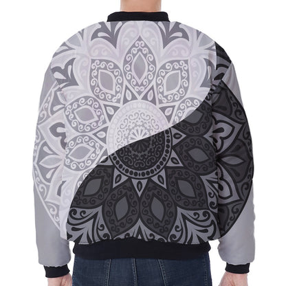 Black And White Yin Yang Mandala Print Zip Sleeve Bomber Jacket
