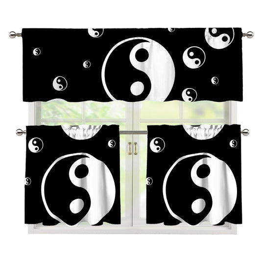 Black And White Yin Yang Pattern Print 3 Piece Kitchen Curtains