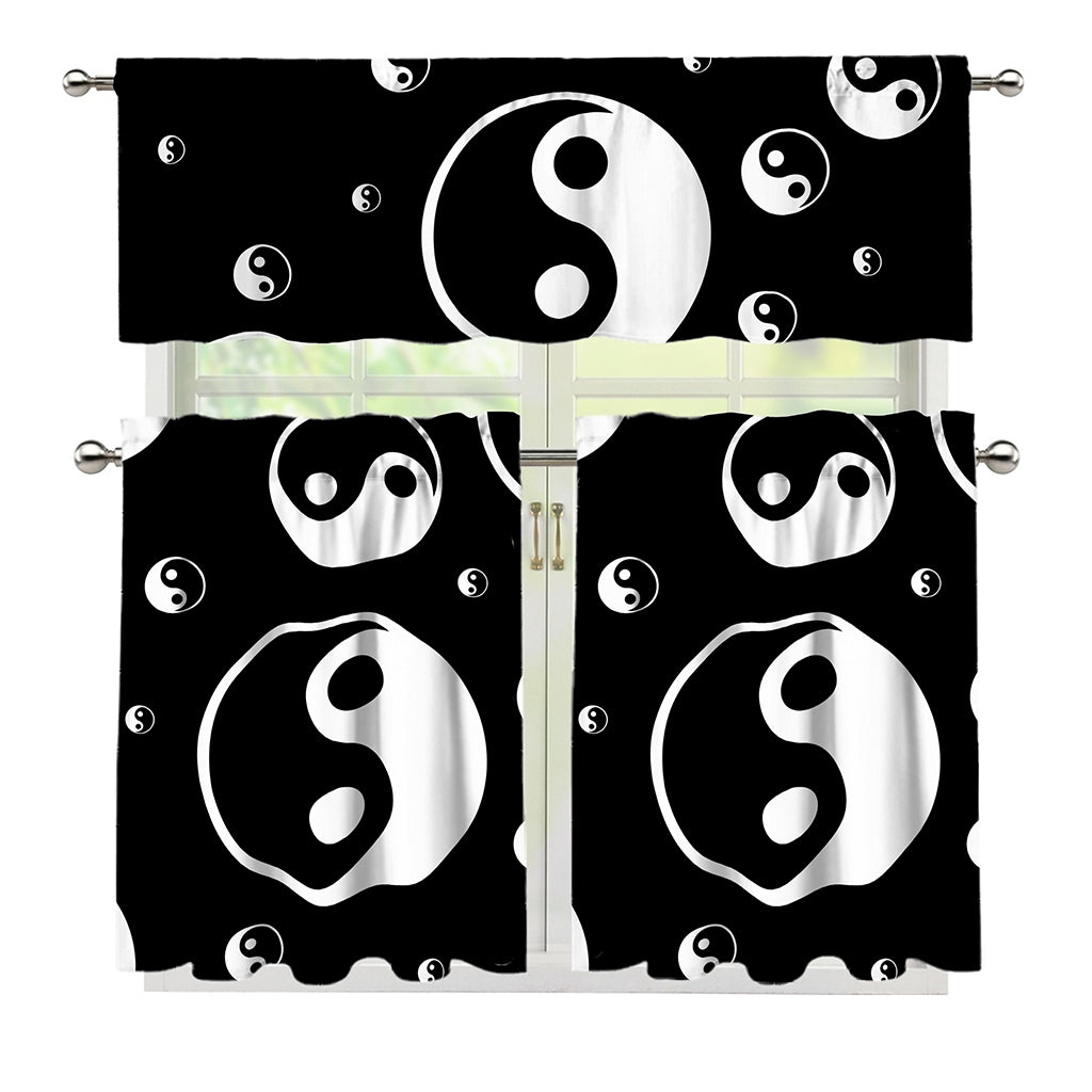 Black And White Yin Yang Pattern Print 3 Piece Kitchen Curtains