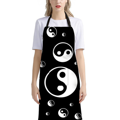 Black And White Yin Yang Pattern Print Bib Apron With Pocket