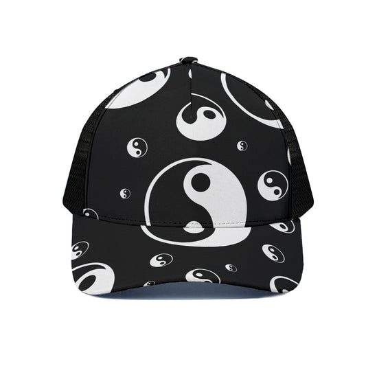Black And White Yin Yang Pattern Print Black Mesh Trucker Cap