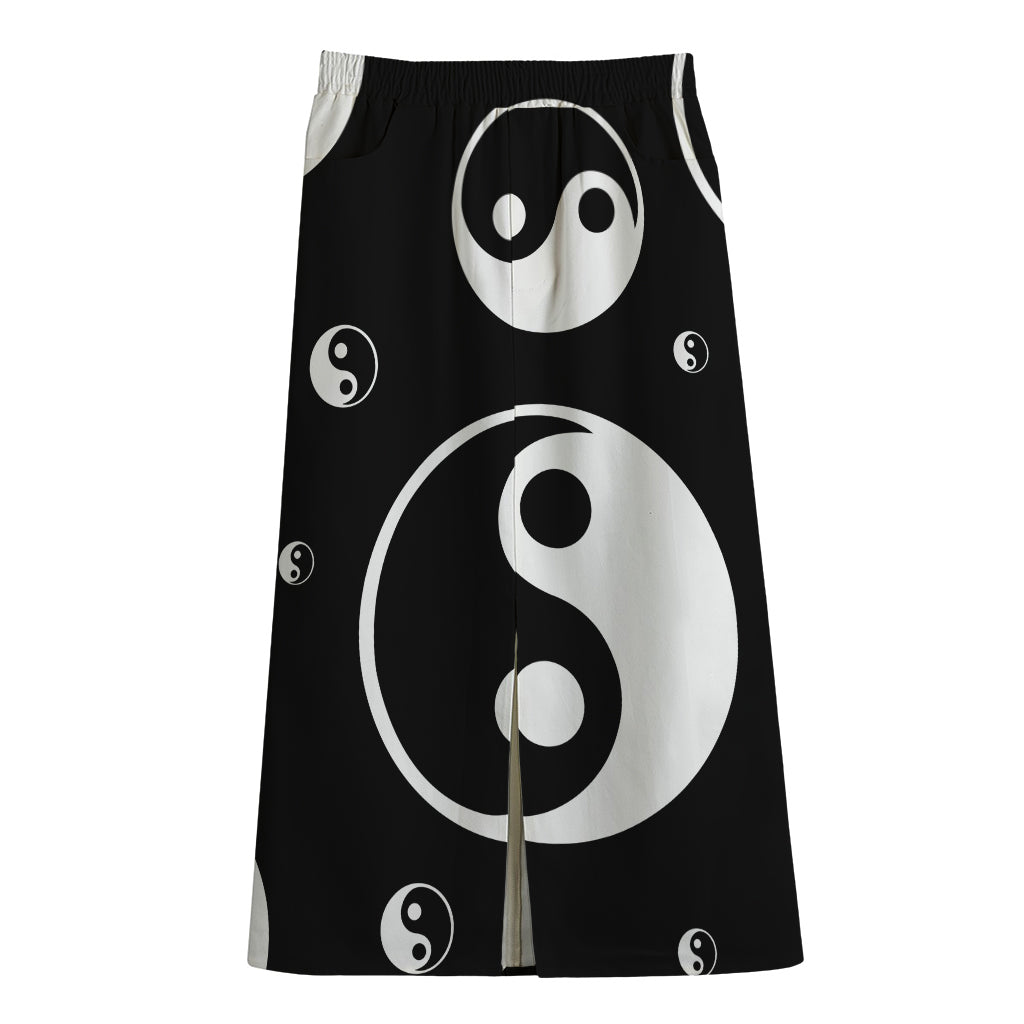 Black And White Yin Yang Pattern Print Cotton Front Slit Maxi Skirt