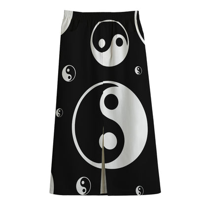 Black And White Yin Yang Pattern Print Cotton Front Slit Maxi Skirt