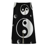 Black And White Yin Yang Pattern Print Cotton Front Slit Maxi Skirt
