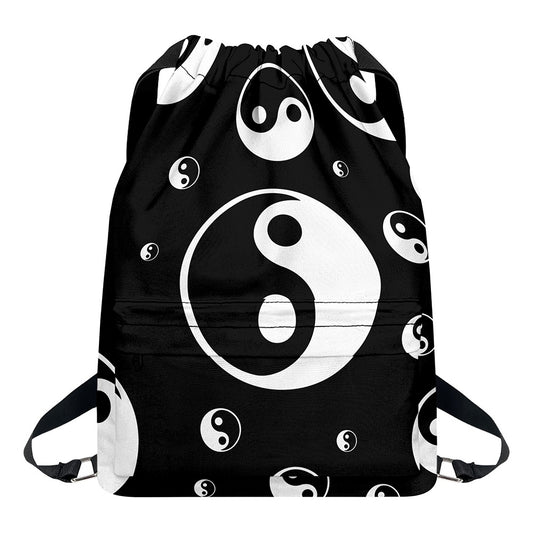 Black And White Yin Yang Pattern Print Drawstring Backpack