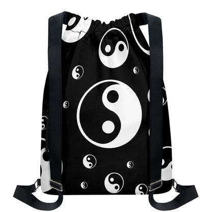 Black And White Yin Yang Pattern Print Drawstring Backpack