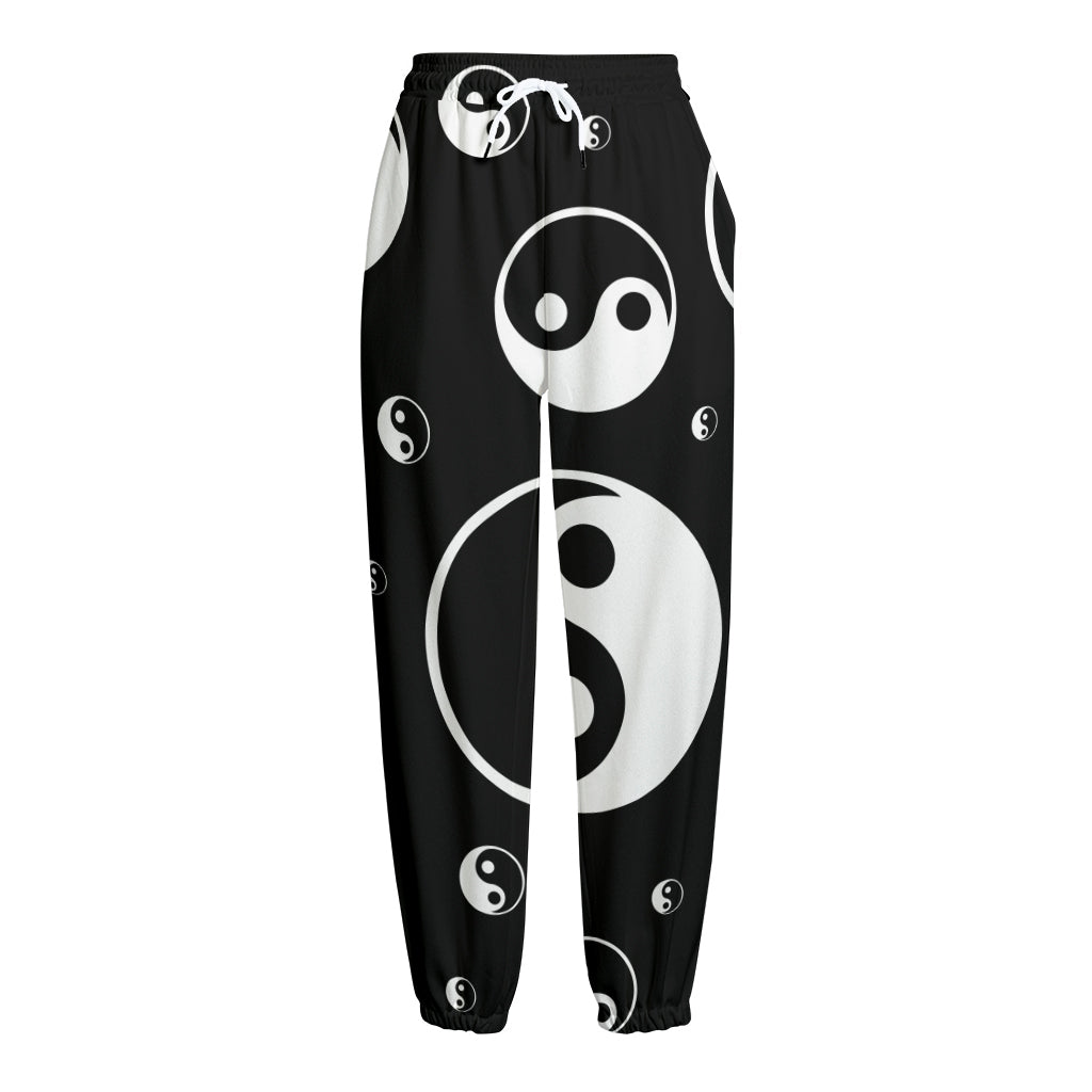Black And White Yin Yang Pattern Print Fleece Lined Knit Pants