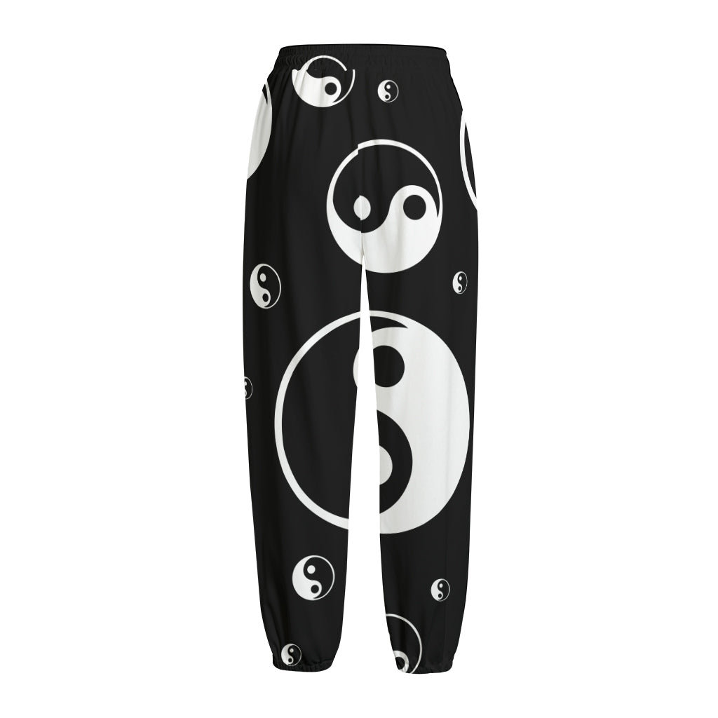 Black And White Yin Yang Pattern Print Fleece Lined Knit Pants