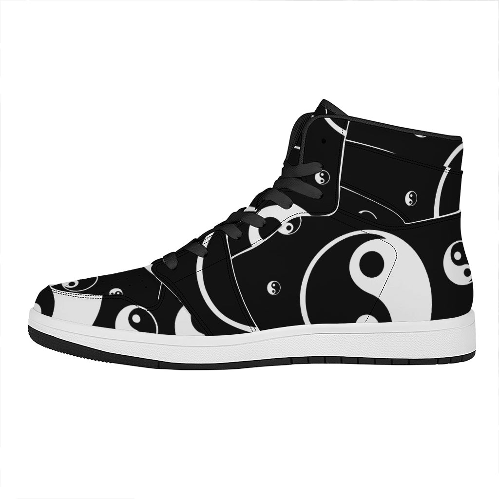 Black And White Yin Yang Pattern Print High Top Leather Sneakers