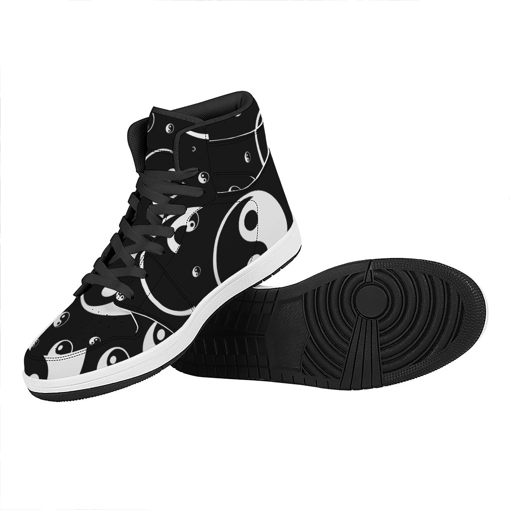 Black And White Yin Yang Pattern Print High Top Leather Sneakers