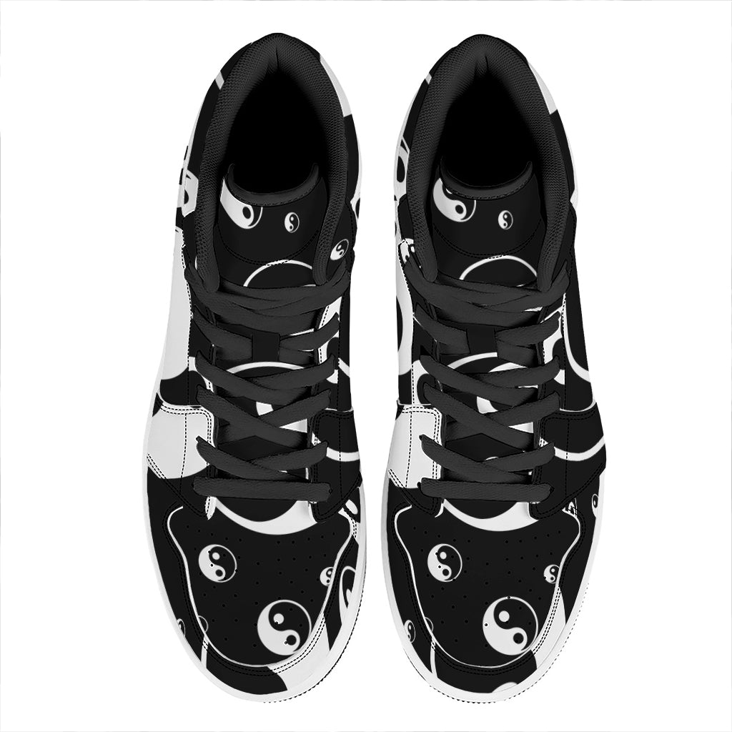 Black And White Yin Yang Pattern Print High Top Leather Sneakers