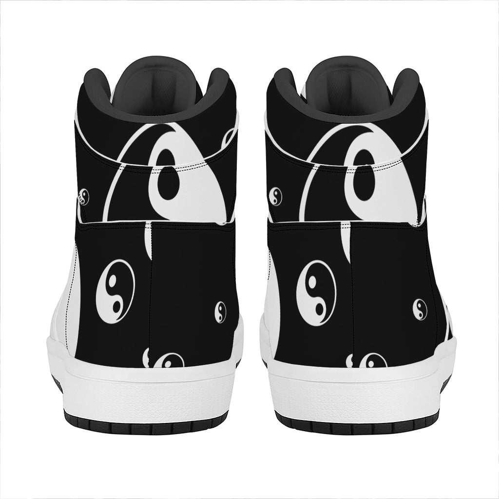 Black And White Yin Yang Pattern Print High Top Leather Sneakers