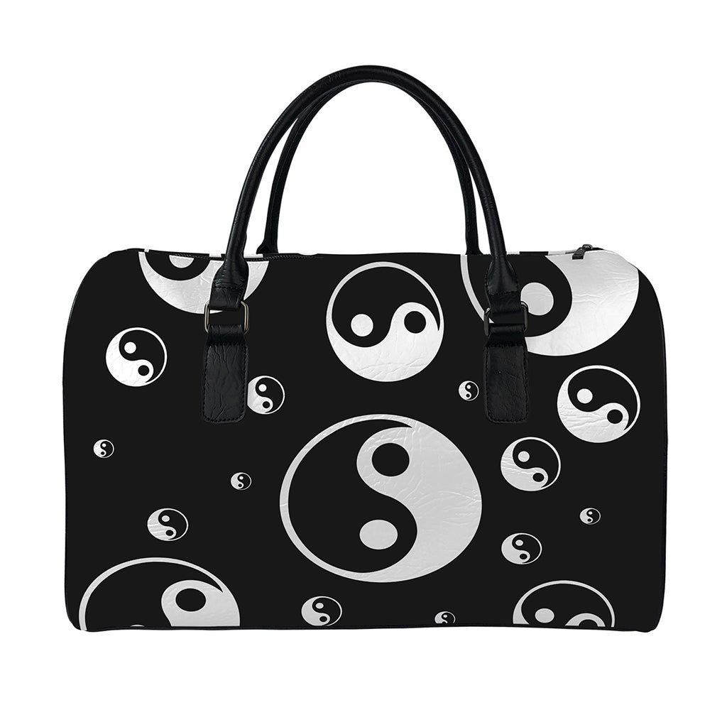 Black And White Yin Yang Pattern Print Leather Duffle Bag