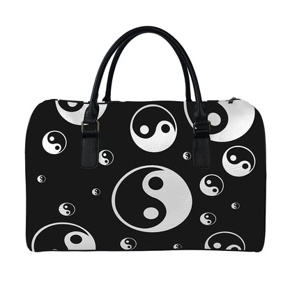Black And White Yin Yang Pattern Print Leather Duffle Bag